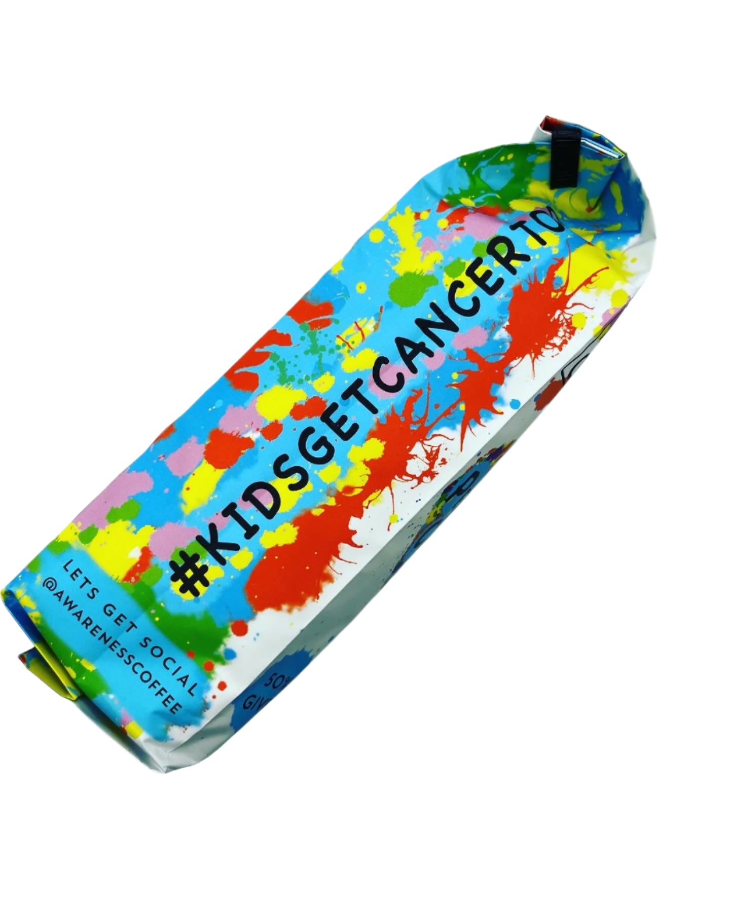Colorful coffee packaging with '#KIDSGETCANCER' text on a white background